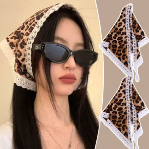New Retro Spice Leopard Headscarf for Women Girls Fashion Elegant Leopard Print Floral Lace Triangular Hair Scarf Seaside Vacation Style Turban Headband