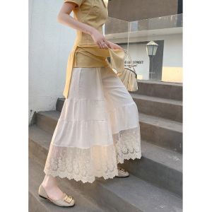 Fresh Japanese Style Cheongsam Underpants Womens Elastic Waist Embroidered Lace Patchwork Wide Leg Cotton Linen Solid Color Pants Skirt