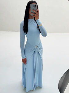 Weird Puss Ruched Elegant Maxi Dress Women Daily Casual Fashion Skinny Full Sleeve Solid Gown Midnight Prom Party Long Bodycon