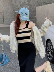 Striped Knitted Color Block Halter Dress Womens Spring 2025 New Mid-Length Slit Slimming Skirt Commute Style City Living