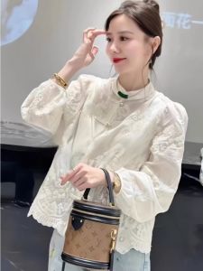 New Chinese Style National Style Chinese Knot Button Embroidery Lace Shirt Womens Autumn Stylish Niche Top Elegant Classic Style Shirt