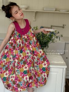 Korean Style Children's Clothing Girls Dress Summer New 2024 Children's Floral Skirt Big Children's Girls Sleeveless Vest Skirt