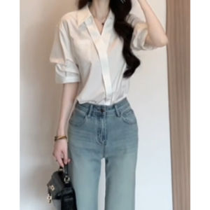YUEZHONGWEI | French Collar Short Sleeve White V-neck Womens Shirt Summer High Design Sense Niche Commuter Professional Top