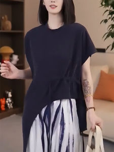 QINGNAER | Asymmetrical Hem Tied Drapey Versatile Loose Big Size T-Shirt