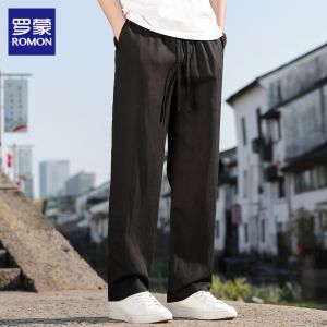 ROMON | High End Linen Cool Sensation Tencel Mens Loose Fit Straight Casual Pants