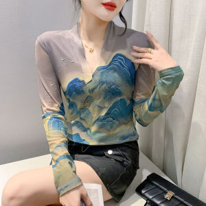 YIMEI Korean V-neck Mesh Top Beautiful Womens T-shirt Fashion Retro Tie Dyed Bottom Shirt Plus Size