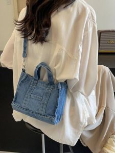 Korean Style Large Capacity Commuter Handbag Womens New Denim Tote Bag Shoulder Crossbody Bag Casual Pure Color Soft Leather