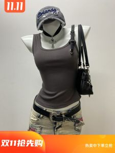 Shia Original Deep Grey Strap Vest Women Summer Leather Button Design Sensation Small Beautiful Strap Top Cotton Blend Slim Fit