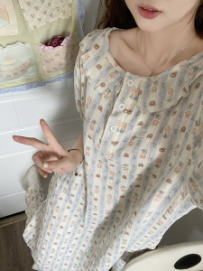 Phong Cách Hàn Quốc Dễ Thương Giấc Ngủ In Hình Gấu Đầm Nữ Tay Ngắn Mùa Hè Dài Đầm Búp Bê Cổ Áo Váy Ngủ Quần Áo Gia Đình