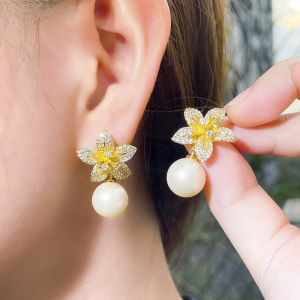 SEQUITO Luxury Women Jewelry Yellow Gold Color Full Pave Round AAAAA Cubic Zirconia Floral Shape Champagne Big Pearl Drop Dangle Banquet Party Earrings SE749
