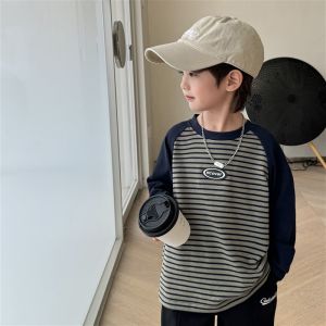 Boys Stripe Long Sleeve T-Shirt Spring Autumn Cotton Underwear Shirt Pure Cotton Casual Loose Fit round Neck Sweatshirt