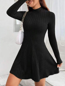 Womens slim fit half high collar waist cinched A-line skirt long sleeved pit stripe dress