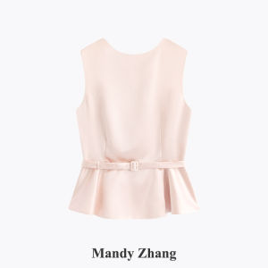Pink Noble Style Sleeveless Ruffled Waist Cinching Vest Dress Set