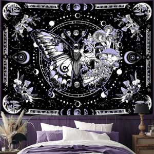 VIKAMA Bướm Hồng Đầu Lâu Pha Trăng Nấm Pha Lê Witchy Tapestry - Tấm Thảm Treo Tường Thẩm Mỹ Màu Tối Để Trang Trí Phòng Ngủ Ký Túc Xá Trang Trí Nhà Cửa