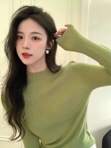 ชิค เสื้อตัวในแขนยาวผ้าถัก ผู้หญิง Half High ปกเสื้อ เสื้อตัวใน สีเหลือง สีนม ความสง่างามแบบอ่อนโยน เสื้อท่อนบน