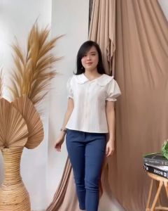 Mihar store / Blouse katun linen crinkle lengan pendek / Blouse crepe kerah rempel / Blouse kerah polos / Kemeja polos kerah rempel / Atasan wanita polos casual simpel kekinian - 11646