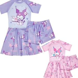 Soft Time ❤️ชุดว่ายน้ำเด็กผู้หญิ แบบใหม่2025 กระโปรงว่ายน้ำวันพีซแขนสั้น+กางเกงขาสั้น Girls Kuromi swimming skirt กระโปรงว่ายน้ำการ์ตูนเด็กหญิง ชุดว่ายน้ำเด็กผู้หญิเด็กโต