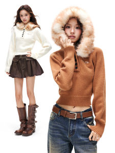 Apea | Vintage Winter Deer Print Eco Fur Collar Letter Embroidery Half Placket Sweater