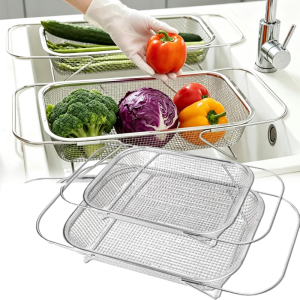 Stainless Steel Over-Sink Colander / Retractable Expandable Drain Basket / Excellent Water Draining Mesh Strainer / Household Kitchen Fruit Vegetable Washer