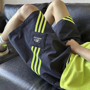 Mens Sporty Stripe Short Pants Summer Casual Loose Fit Quick Dry Outdoor Wear Straight Leg Five-Quarter Length Cotton Blend