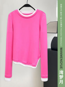Spring New Style Long Sleeve round Neck T-Shirt Womens Fashionable Color Block Design Casual Straight Cut Polyester Top