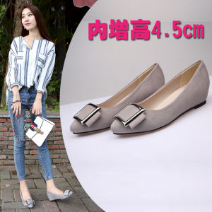 Spring New Womens Single Shoes Small Slope Heel Slip-On Pure Color Sweet Style Metal Buckle Flat Bottom Pointed Toe Shoes