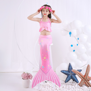 หางนางเงือกสําหรับเด็กชุดว่ายน้ําบิกินี่สําหรับเด็กความสูง100-155ซม. ชุดหางปลาของขวัญวันเกิดวันปีใหม่4ชิ้น