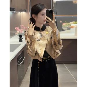 New Chinese Style Autumn Winter Womens Fashion Set High Waist Wide Leg Pants Two-Piece Suit Traditional Tang Costume Jacket
