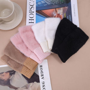 Plush Warm Half Finger Gloves Winter Cold Protection Solid Color Women Knit Gloves Girls Miss Finger Touchscreen Office Writing Students