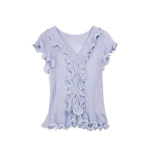 YUEZHONGWEI | French Style V-neck Ice Silk Knitted Short Sleeve T-shirt Women Summer Slimming Top With Pleated Design Unique And Beautiful