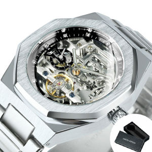 Forsining | Forsining Silver Automatic Watch Men 3D Diamond Dial Irregular Tourbillon Skeleton Mechanical Wristwatches Luminous Hands Clock