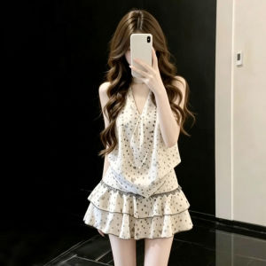 ZHENMANZI | Korean Style Summer Sleeveless Neck-Tied Dotted Dress and Top Set