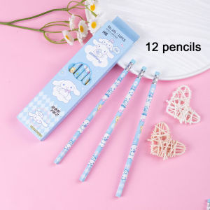 Sanrio | Sanrio 12-Piece HB Pencil Set Includes a Pencil Sharpener and Eraser Featuring Kuromi My Melody and Cinnamon Dog Designs.