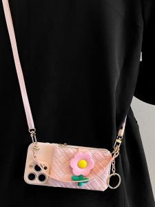 เคสโทรศัพท์มือถือแบบมีกระเป๋าสตางค์ดอกไม้ 3 มิติสีชมพู พร้อมสายสะพายข้าง สำหรับ Apple 15promax 16 13 17pro 11 12 Xs/xr