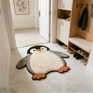 VIKAMA Cute Cartoon Penguin Alien Pattern Rug Anti-slip Water-absorbing Entryway Door Mat Bedroom Side Cushion Home Decoration