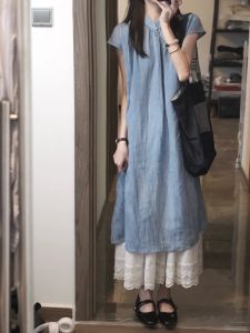 New Chinese Style Blue Zen Short Sleeve Dress Womens Summer Stylish Elegant Loose Slimming Bandage Dress Dress