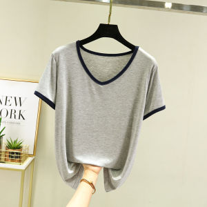 Modal Short-Sleeved T-shirt Womens Summer Thin Inner Match V Neck Bottoming Shirt Loose Plus Size Pure Color Versatile Slimming Top