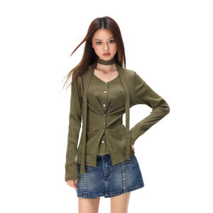Apea | Pseudo Two-piece Stripe Knitted V-neck Double Breasted Waist-defining Flattering Ribbon Top