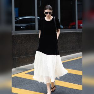 YUFUQING | French Splice Color Block Round Neck Short Sleeve Long Dress Women Summer New Design Loose Slimming High Waist A-Line Dress