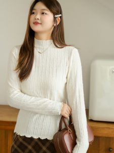 plus Size Knitted Lace T-Shirt Half High Collar Sweet Style Slim Fit Short Sleeve Womens Top for Autumn Winter DM100