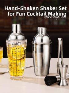 DEMING | Stainless Steel Cocktail Shaker Set with Glass Shaker and Hand Shaker