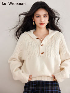 Retro Christmas Button up Hoodie Womens Autumn Winter Knitted Sweater Twist Yarn Casual Style Loose Fit Long Sleeve Top