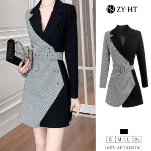 ZY.HT EraVogue เดรสผู้หญิง เดรสเสื้อสูท ดรสแขนยาวดรส ลายสก๊อต เดรสทำงาน เดรสอออกงาน เดรสเกาหลี ชุดออกงาน 5480