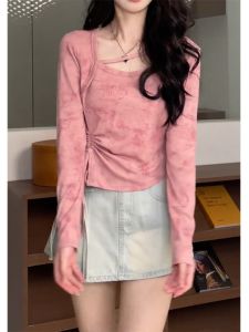 Slimming Effect Womens T-shirt Autumn Fashion plus Size Drawstring Casual Long Sleeve Korean Style Regular Fit Solid Color