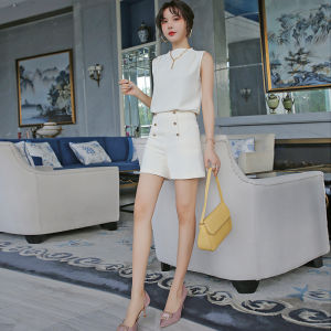 MUBEELE | White Fashion Sleeveless Set Commute Loose Womens Two-Piece Suit Polyester Spandex Blend Comfortable Wide Leg Shorts