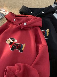 Red Chinese Zodiac Heavyweight Hoodie Autumn Winter Sausage Dog Embroidery Christmas Atmosphere Outerwear Sweatshirt for Teens