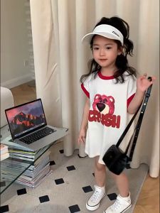 WANDER ชุดเดรสเด็กผู้หญิง พิมพ์ลายการ์ตูนน่ารักเสื้อเชิ้ต กระโปรงเสื้อยืดเด็กผู้หญิง ความยาวปานกลาง 2374