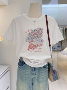 เสื้อยืดคอกลมแขนสั้นผ้าฝ้ายแท้สีขาวสำหรับผู้หญิง ฤดูร้อน 2025 เสื้อแขนสั้นหลวมๆ สไตล์เกาหลี แฟชั่นสำหรับผู้หญิง