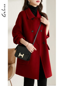 French Double-Sided Cashmere-Free Woolen Coat Womens Mid-Length Autumn Winter New High-End Red Woolen Jacket Korean Style