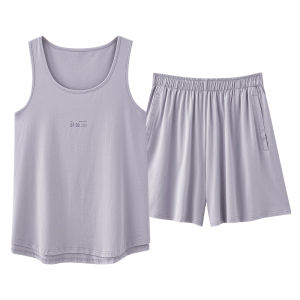 miiow | Womens Summer Ice Silk Sleepwear Short Sleeve Thin Home Clothes Set Cat Person Sweet Cute Style Printed Round Neck Pullover